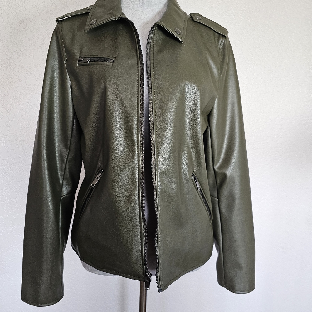 APT 9 Womens Faux Olive Leather Jacket Moto Biker Coat Size Medium Zip Front